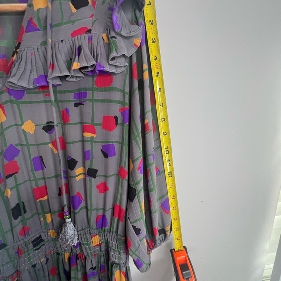 Vintage 80s Diane Freis Georgette Dress L XL Long Sleeves Gray Geometric Pattern - Picture 12 of 14
